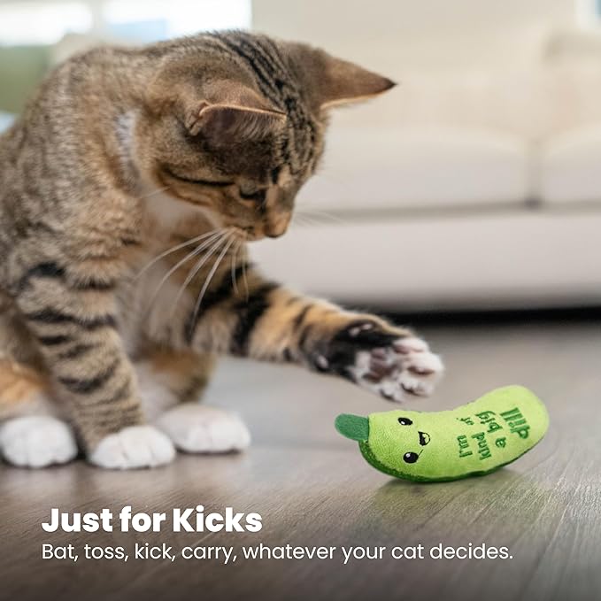 Catstages Crunchy Pickle Kicker Toy with Catnip and Dental Mesh, Pickle Shape, Plush and Crinkle Cat Toy for Kicking, Tossing, and Teeth Cleaning, Green