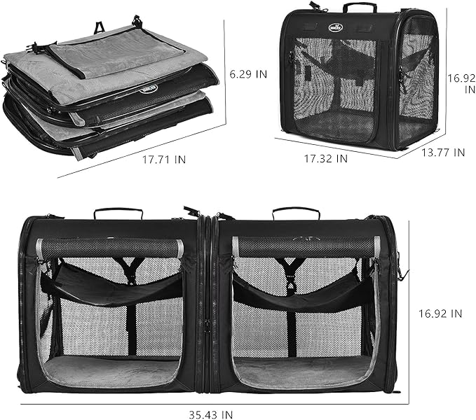 Portable 2-in-1 Pet Carrier for Medium Dogs Large Cat Carrier for 2 Cats Travel Double Dog Crate Set with Portable Carry Bag/Hammocks/Mats/Tent Stakes/2 Pcs Pet Bowls for Outdoor Camping