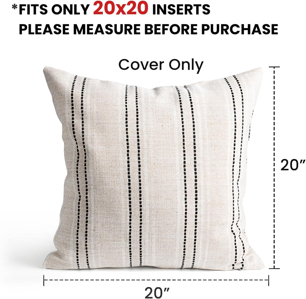 AELS 20x20 Decorative Farmhouse Linen Throw Pillow Covers, Boho Textured Pillow Case, Set of 2, Beige with White & Black Stitch Yarn Dyed Stripe Cushion Cover for Sofa Couch Living Room (Cover ONLY)