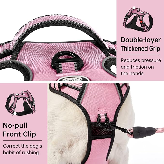 IVY&LANE No Pull Dog Harness for Large Dogs, Dog Vest Harness with Leash, Safety Belt and Storage Strap, Fully Adjustable Harness, 360° Reflective Strip, Soft Handle (Pink, XL)