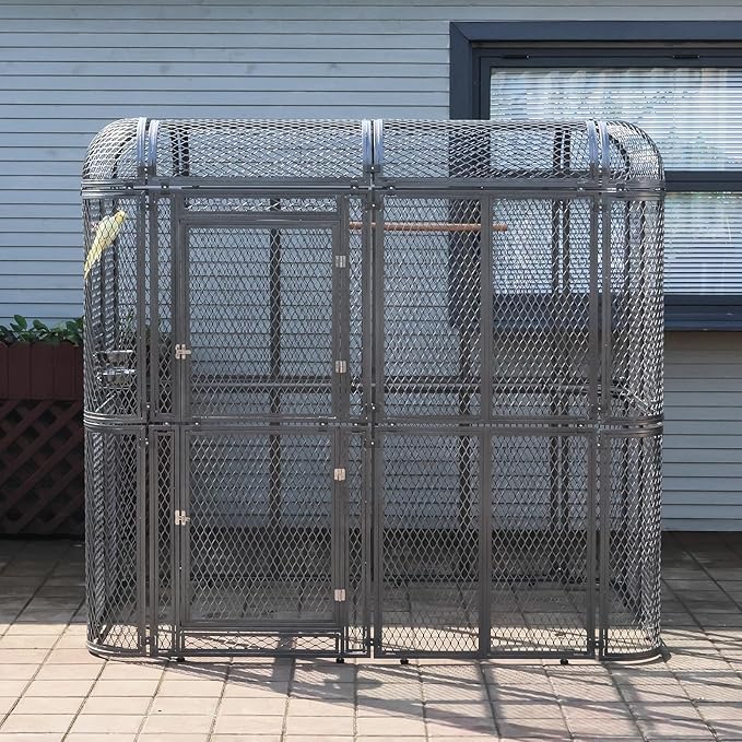 Large Metal Walk-in Cage 77-inch Heavy Duty Bird Cage Outdoor Diamond Grid Aviary Parrot Cage Wide Flight Metal Birdcage for Macaw Budgie Conure Lovebird Parakeet Cockatiel, 6.4x3.87x5.91ft, Silver