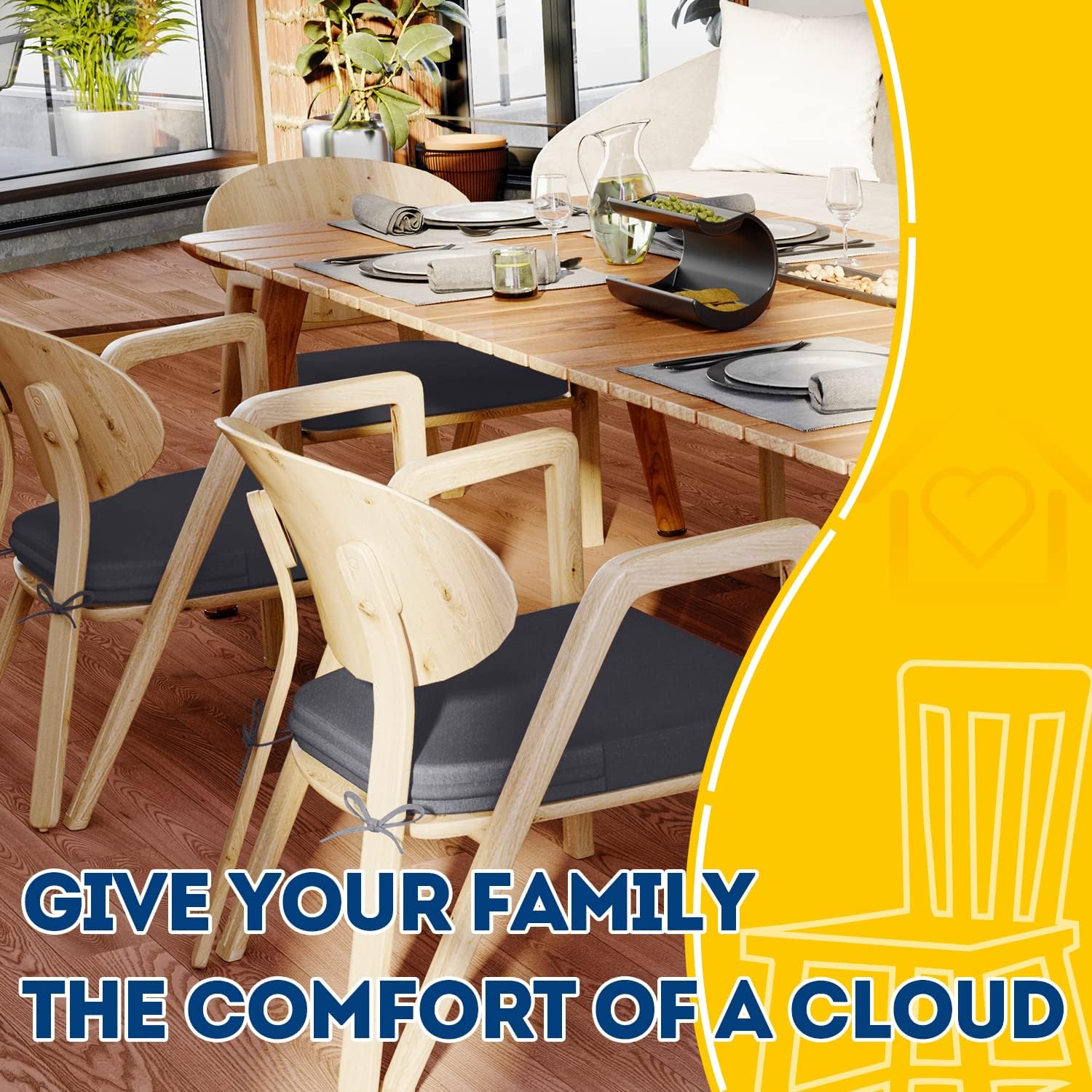 AAAAAcessories D-Shaped Chair Cushions, 2" Thick Dining Chair Pads with Ties and Removable, Machine-Washable Cover, 17" x 16", Set of 4, Dark Grey