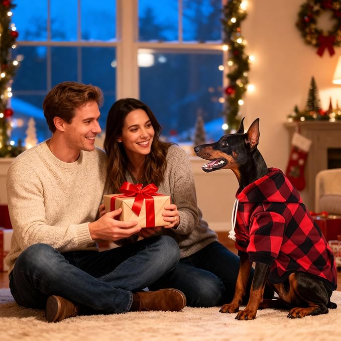 Dog Basic Hoodie Ultra-Soft Plaid Dog Clothes Cold Weather Sweaters for Medium Large Dogs Breathable Cozy Fabric Pet Coat Warm Stylish Sweatshirt with Leash Hole Pocket Dogs Jacket for Cats Boys Girls