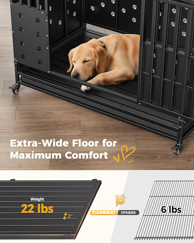 48'' Heavy Duty Dog Crate for Large Dogs, – Upgraded Chew-Proof Panels, Comfort-Widened Floor Panel, Dog Kennel Indoor, Adjustable Internal Height, Easy-Access Wide Door, 4 Lockable Wheels