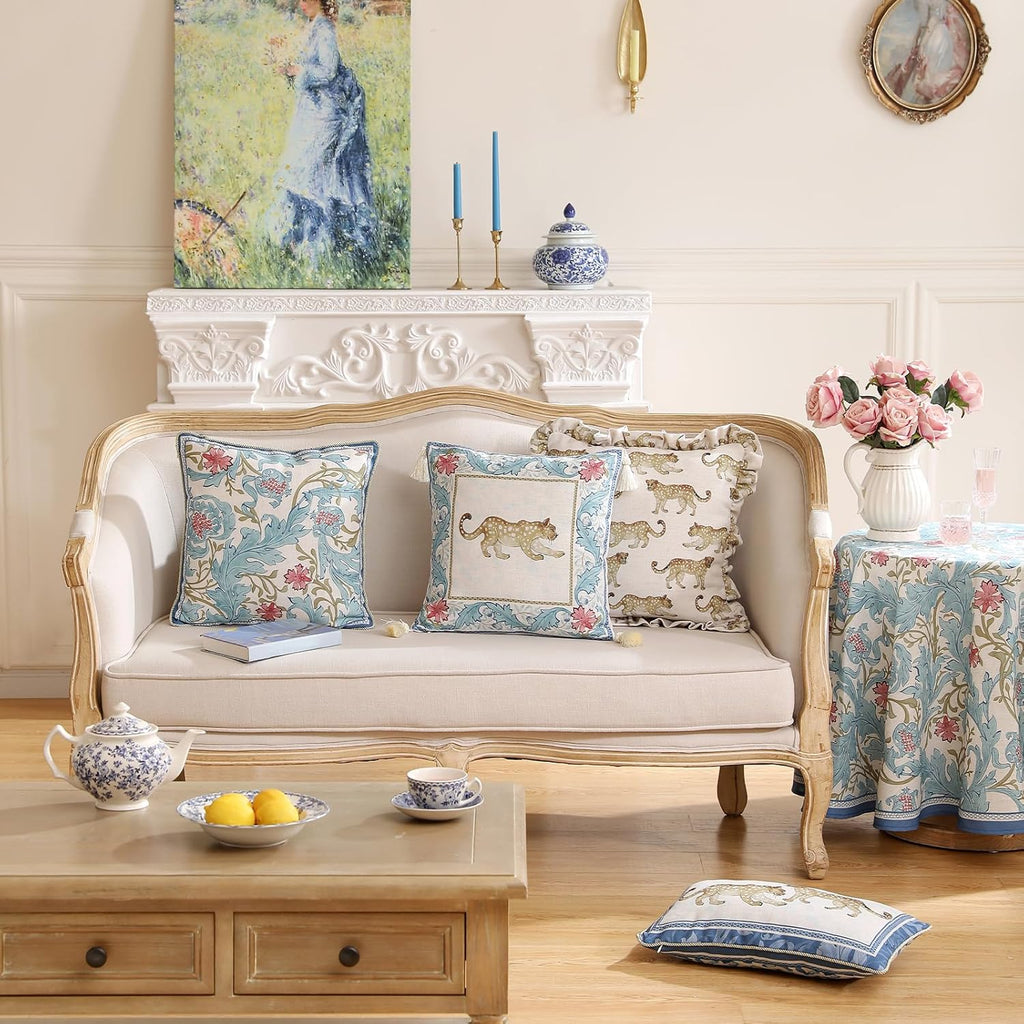 patdrea Designer Throw Pillow Covers for Couch 18"x18",Vintage French Linen Pillows Cover with Blue Floral Pattern,Fall Luxury Farmhouse Decorative Pillowcases for Bed Living Room Outdoor Set of 2