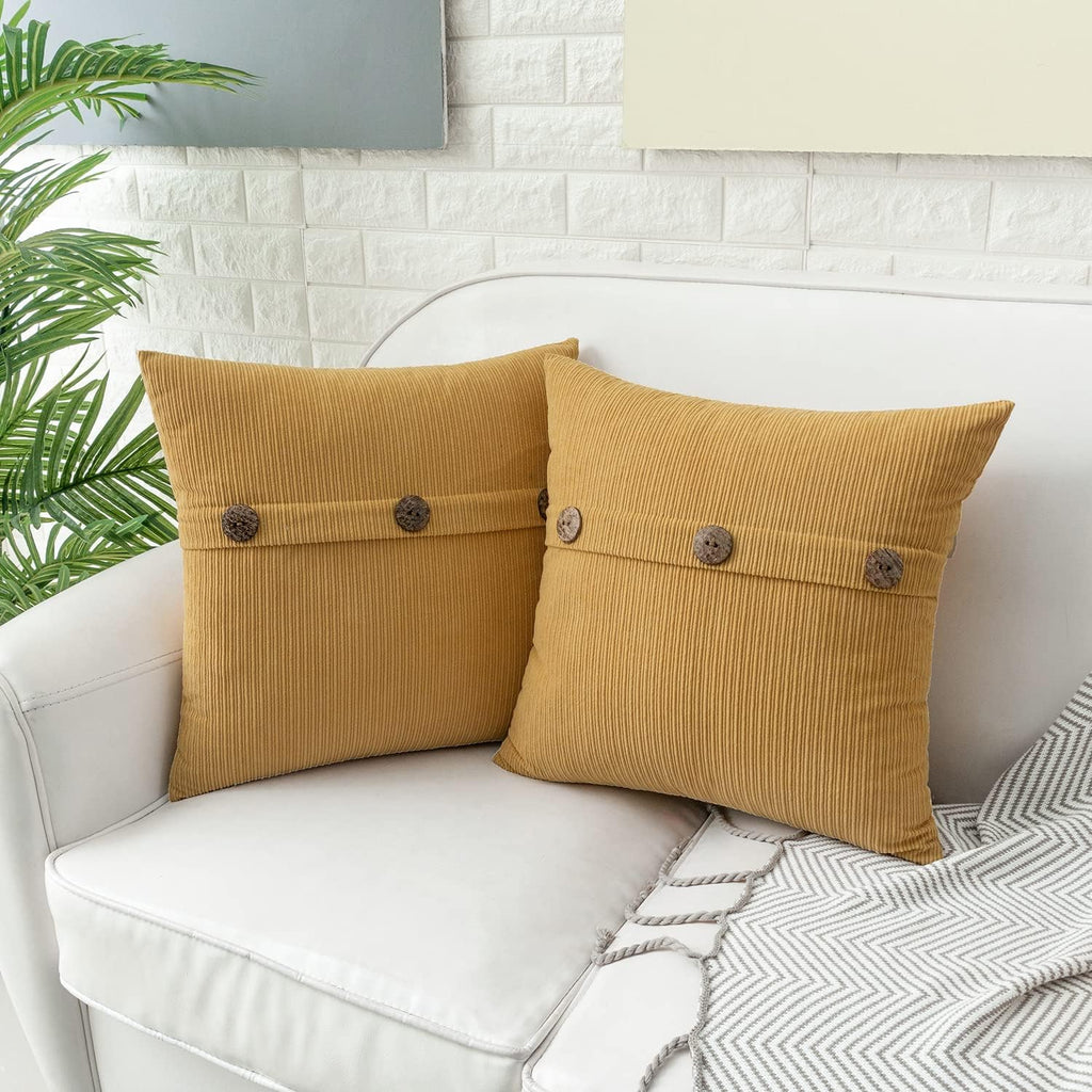 HWY 50 Mustard Yellow Chenille Throw Pillow Covers 18x18 Inch with Triple Buttons, Soft Farmhouse Accent Decorative Cushion Cases for Couch Sofa Bed Living Room Pack of 2