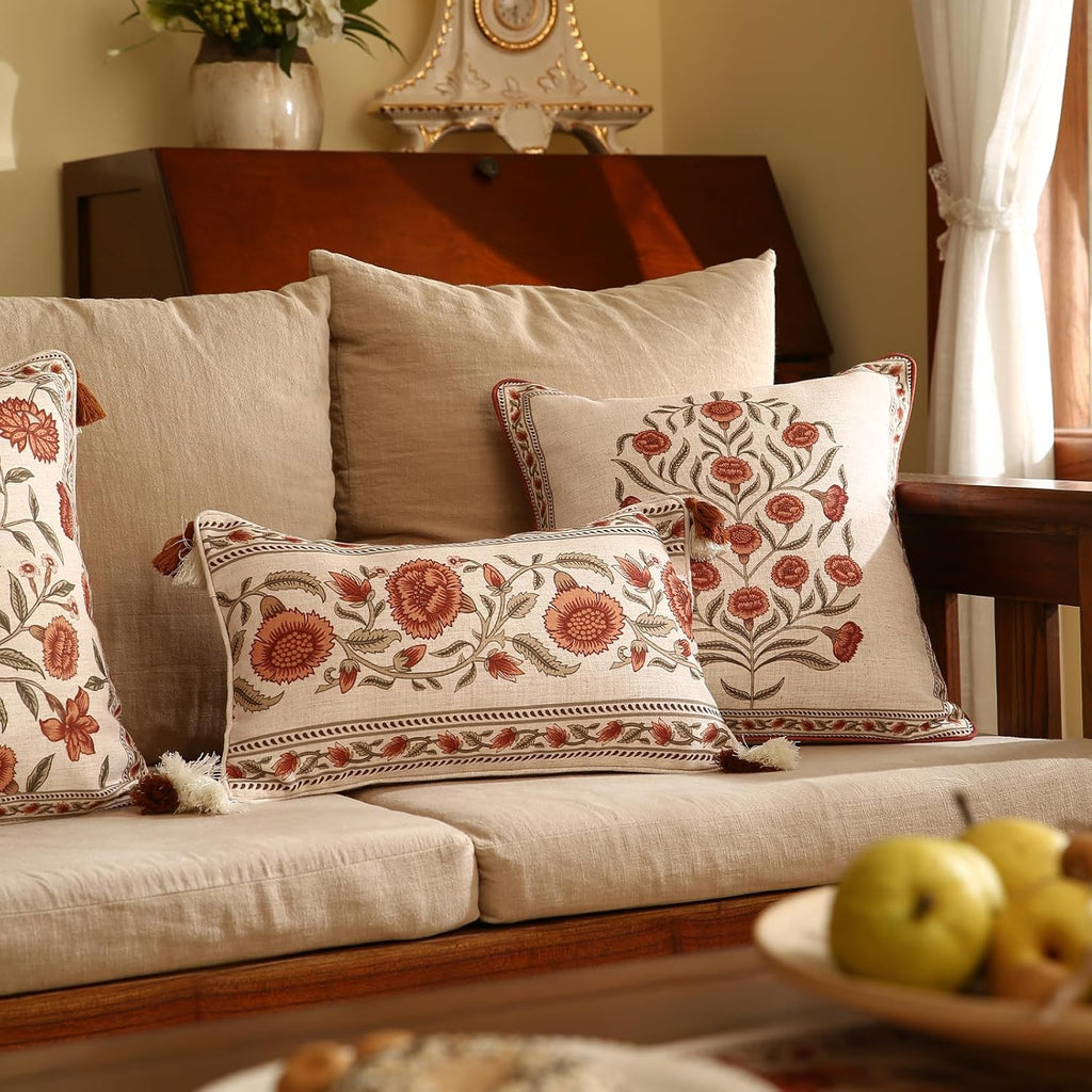 ISAENNE Design Linen Rectangle Vintage Throw Pillow Covers 12"x20", Brick Red Cushion Covers with Orange Floral Green Leaves Pattern Decor Pillowcases for Bed,Living Room,Outdoor,Car