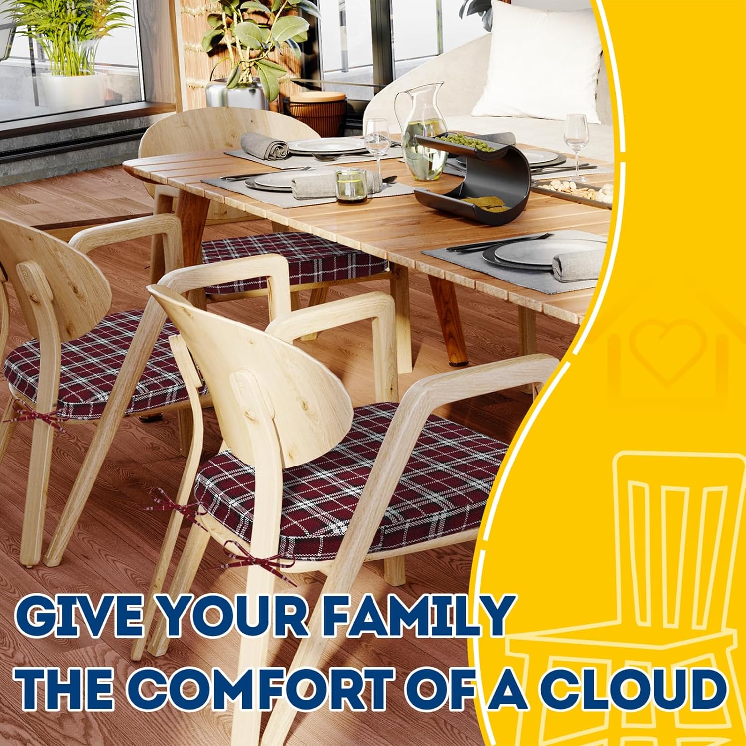 AAAAAcessories D-Shaped Chair Cushions, 2" Thick Dining Chair Pads with Ties and Removable, Machine-Washable Cover, 17" x 16", Set of 4, Red Checkered