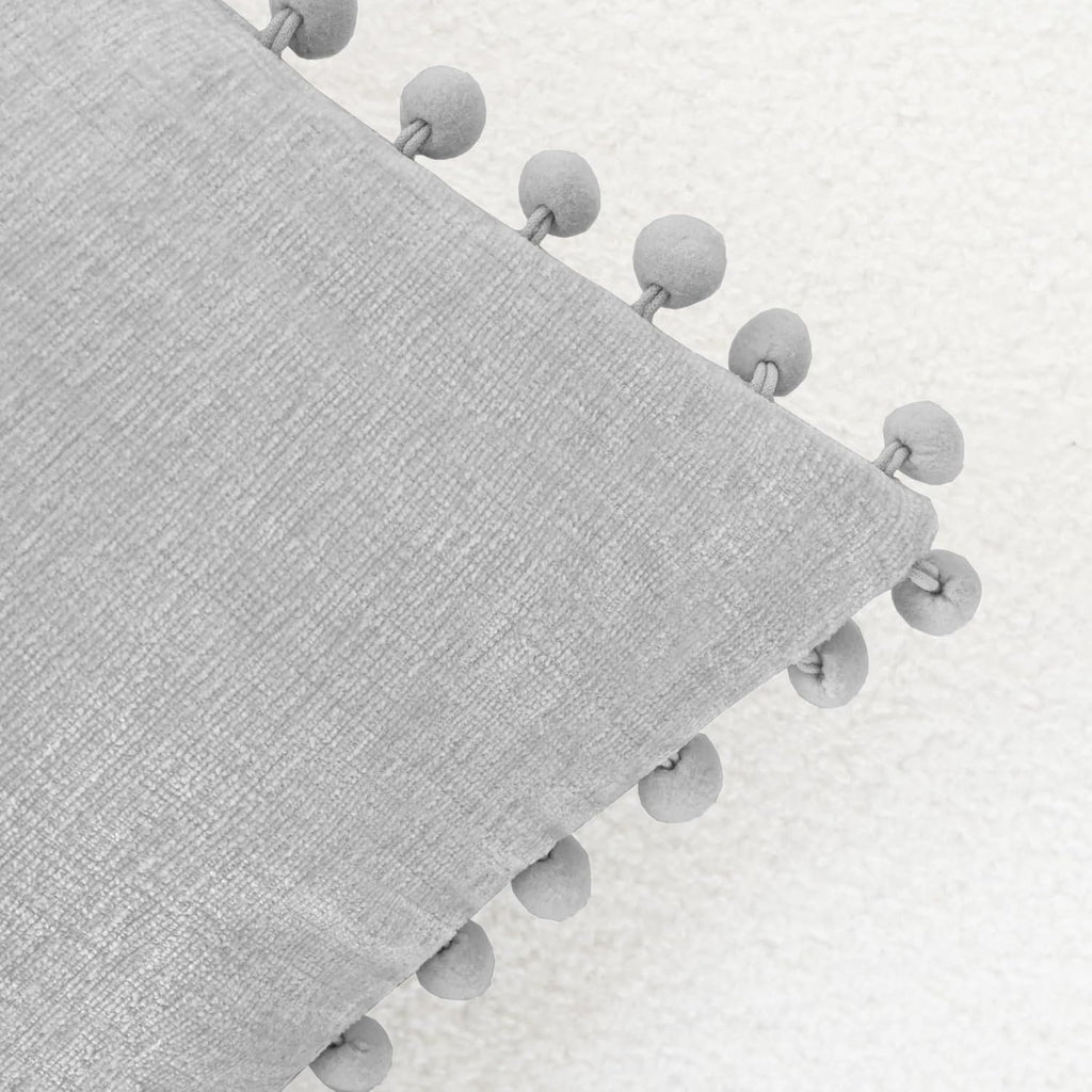 CaliTime Throw Pillow Covers Decorative 16 X 16 Inches Pack of 2 Cozy Solid Dyed Soft Chenille Cushion Cases with Pom Poms for Couch Sofa Bed Living Room Home Moonbeam Gray