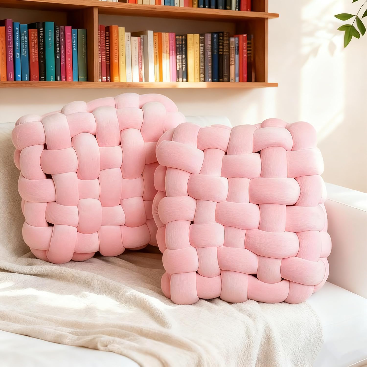 2Pcs Square Knot Throw Pillows, Suitable For Bedroom Decoration, Sofa Decorative Pillows, Home Decoration, Home Decor Living Room 12 inches * 13 inches (Pink)