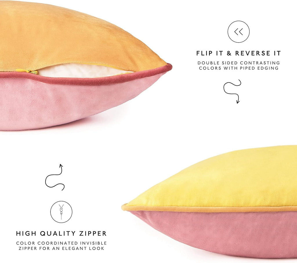 MONDAY MOOSE Decorative Throw Pillow Covers Cushion Cases, Set of 4 Soft Velvet Modern Double-Sided Designs, Mix and Match for Home Decor, Pillow Inserts Not Included (18x18 inch, Yellow/Pink)