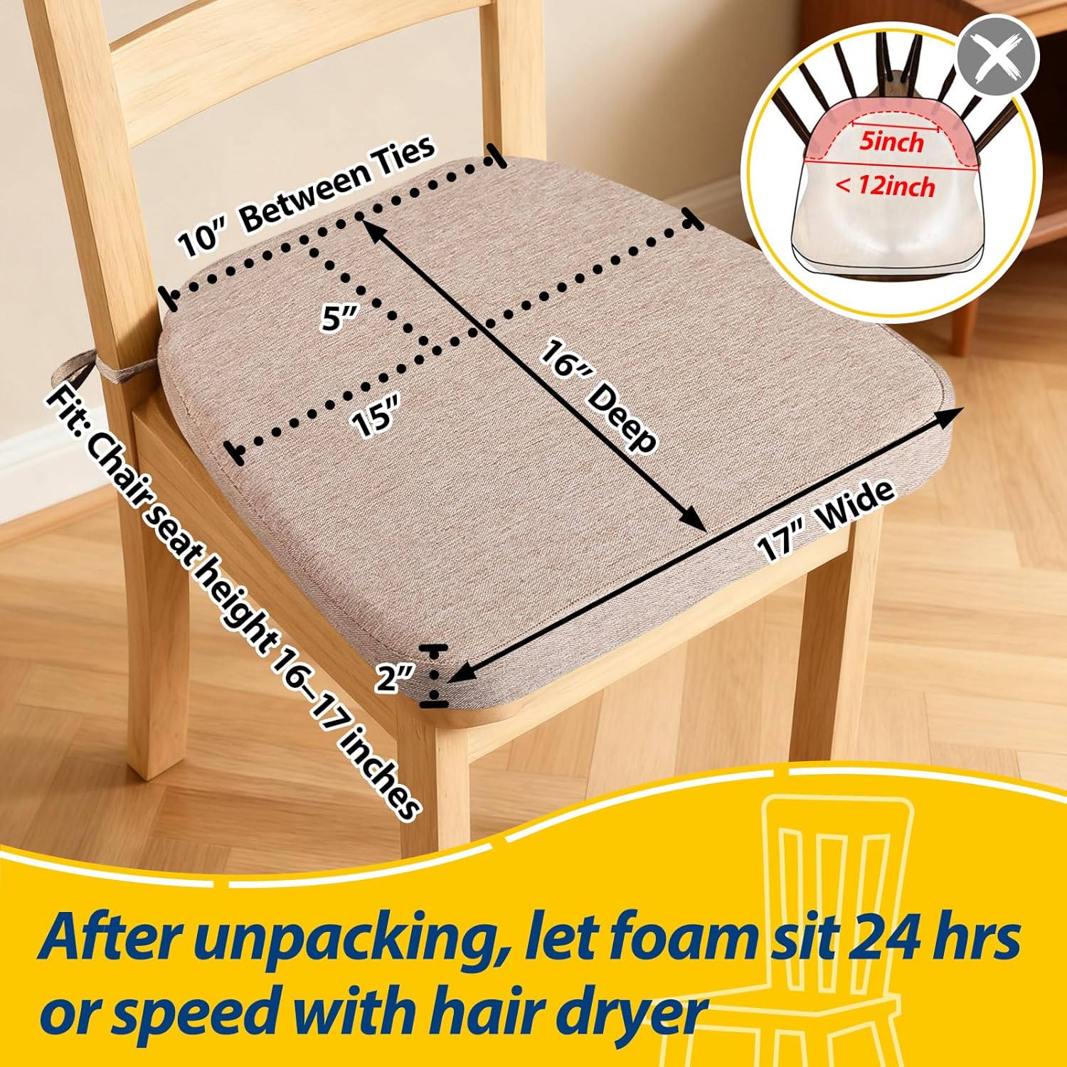 AAAAAcessories D-Shaped Chair Cushions, 2" Thick Dining Chair Pads with Ties and Removable, Machine-Washable Cover, 17" x 16", Set of 4, Oatmeal Beige