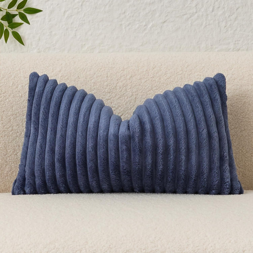 Kevin Textile Soft Plush 12x20 Inch Lumbar Pillow Cover 1 Pack, Luxury Fluffy Faux Fur Striped Flannel Rectangle Cushion Case for Couch Sofa Chair Bed Home Decor, Grey Blue