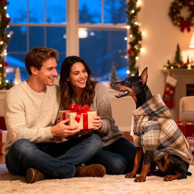 Dog Basic Hoodie Ultra-Soft Plaid Dog Clothes Cold Weather Sweaters for Medium Large Dogs Breathable Cozy Fabric Pet Coat Warm Stylish Sweatshirt with Leash Hole Pocket Dogs Jacket for Cats Boys Girls