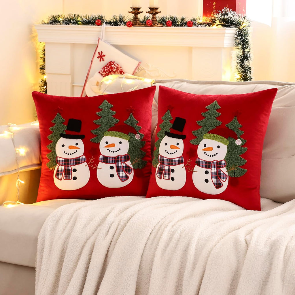 LUOYEHK Red Christmas Pillow Covers 18x18 Set of 2 Cute Snowmen Embroidered Pillow Cases Winter Holiday Velvet Cushion Covers for Couch Sofa Bed
