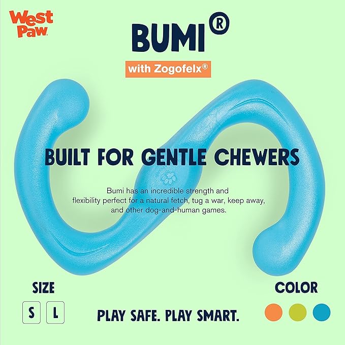 West Paw Zogoflex Bumi Dog Tug Toy – S-Shaped, Lightweight Chew Toys for Fetch, Play, Pet Exercise – Tug of War Soft Flinging Squishy Chewy Toy for Dogs – Guaranteed, Latex-Free, Large 9.5", Aqua Blue