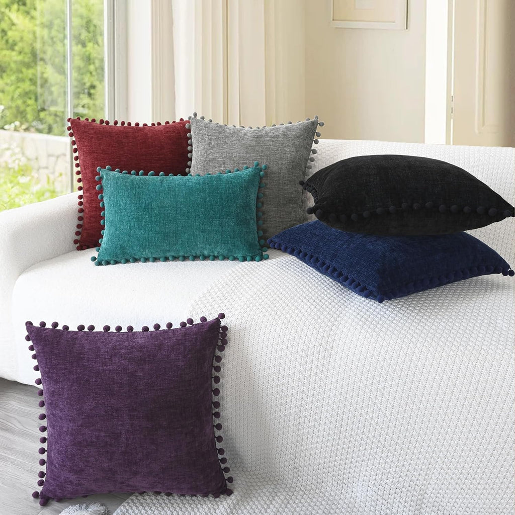 CaliTime Throw Pillow Covers Decorative 18 X 18 Inches Pack of 2 Cozy Solid Dyed Soft Chenille Cushion Cases with Pom Poms for Couch Sofa Bed Living Room Home Medium Grey