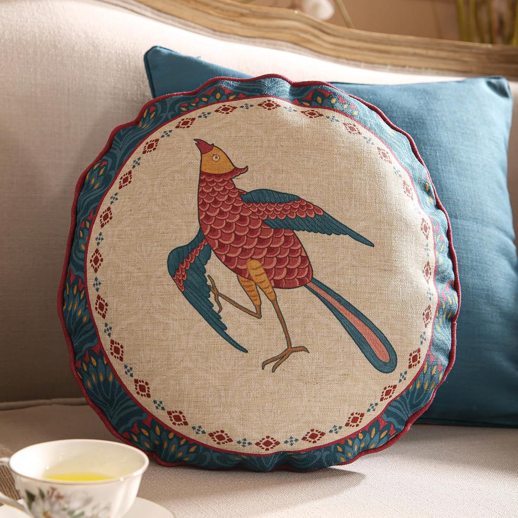 Navy Blue Throw Pillow Covers,Rustic Animal Print with Peacock Pattern Linen Pillowcases,Decorative Round Pillows Cushion Covers for Sofa Bed Couch Chair, Diameter 16"