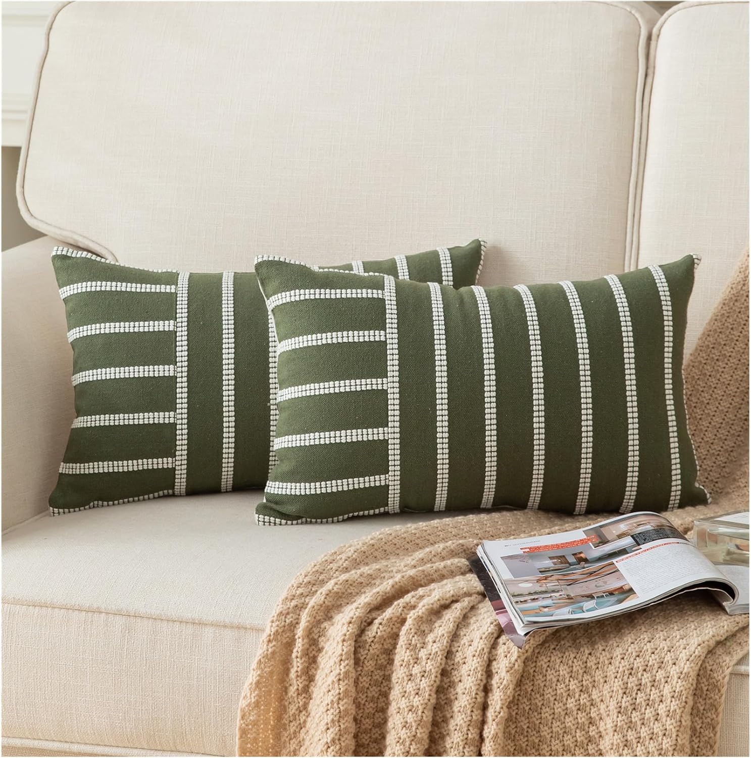 Caflife Boho Throw Pillow Covers 12x20 Set of 2 Soft Farmhouse Decorative Couch Pillow Cases Green Striped Pillow Covers Neutral Cushion Covers for Sofa Bed Living Room Home Decor