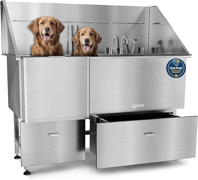 KANIS Professional Dog Washing Station - 304 Stainless Steel Pet Wash Sink & Grooming Bath Tub for Home with Ramp, Shower, Floor Grate, Storage Drawers, and Faucet for Large, Medium & Small Pets