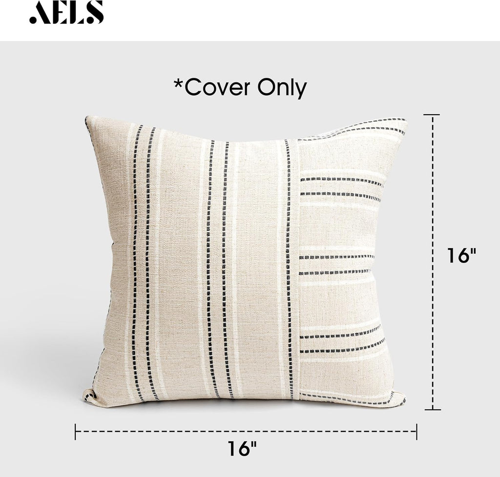 AELS 16x16 Decorative Farmhouse Linen Throw Pillow Covers, Boho Textured Pillow Case, Set of 2, Beige with White & Black Stripe Patchwork Cushion Cover for Sofa Couch Living Room (Cover ONLY)