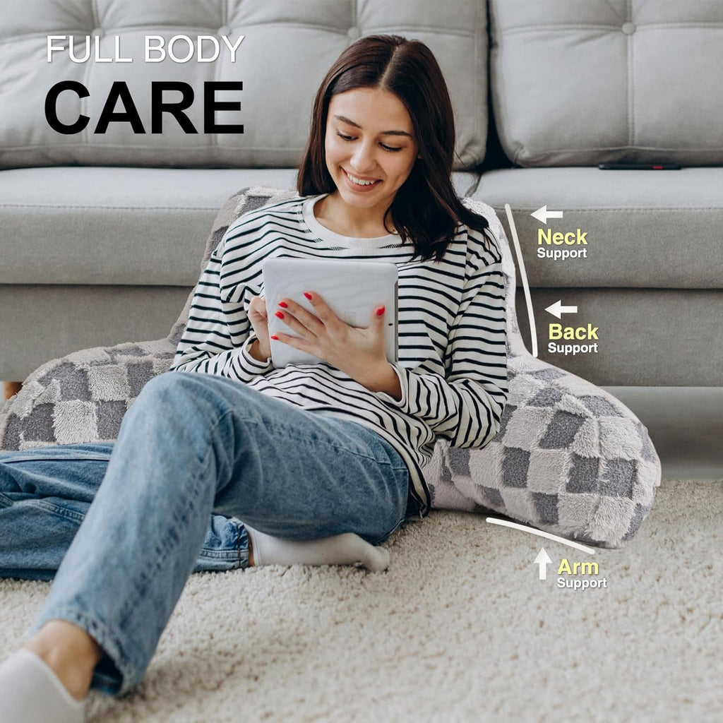 Aimuan Reading Pillow Checkered Bed Rest Wedge Backrest Checkerboard Pillow with Arms Back Support for Sitting Up in Bed Cushion Incline Rest Sleeping Snoring Pillow (Grey,Large)