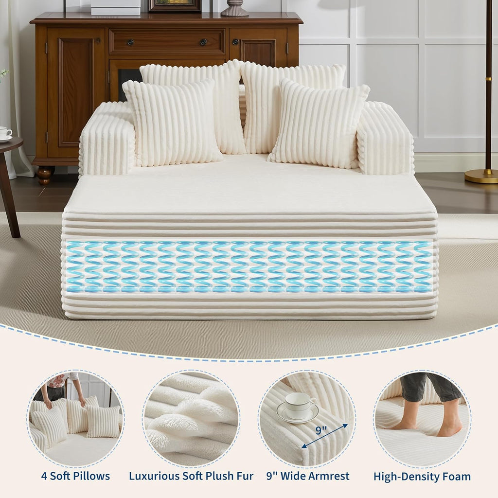 61" Oversized Chaise Lounge Chair Indoor, Boneless Couch Cloud Fluffy Chaise Lounges Corduroy Upholstered Sofa Bed w/Throw Pillows for Living Room Home Beige