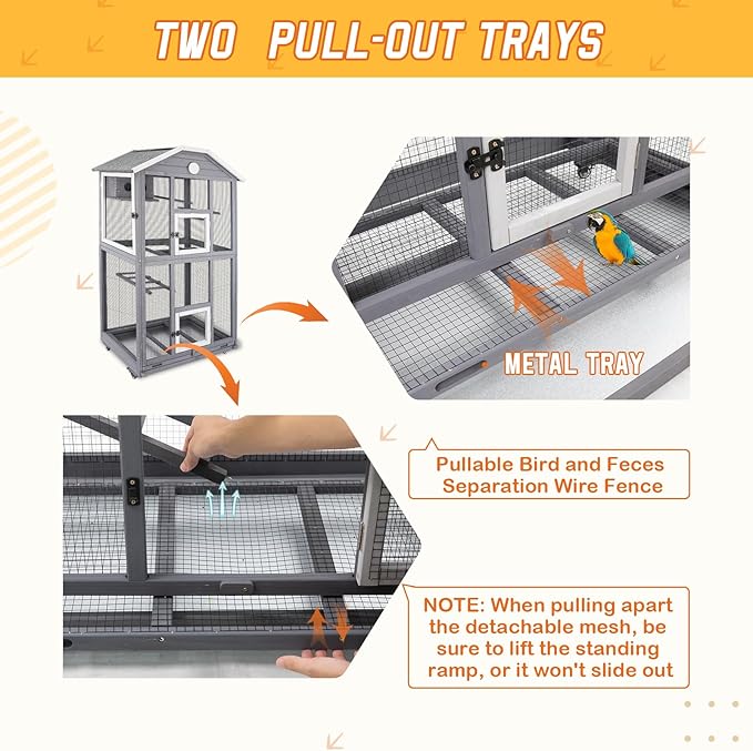 65in Outdoor Bird Aviary with Wheels,Wooden Bird Cage Indoor Finches Cage Flight cage Wire Mesh,Easy Clean Tray Perches Nest Feeder