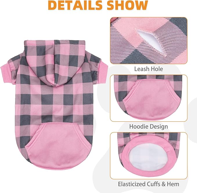 KOOLTAIL Plaid Dog Hoodie Pet Clothes Sweater with Hat and Pocket for Small Medium Large Size Dogs, Soft Winter Warm Dog Cold Weather Coat, Fleece Fall Dog Hooded Sweatshirt for Puppy Cats, Pink XL