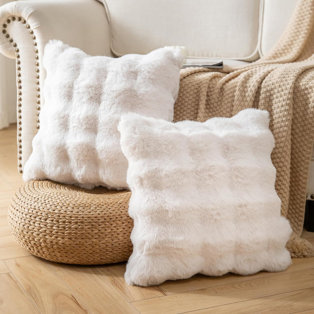 Pack of 2 Thick Plush Throw Pillow Covers Fluffy Wave Faux Fur Decorative Cushion Covers Soft Wool Pillowcase for Sofa Couch Livingroom 22x22 Inch White
