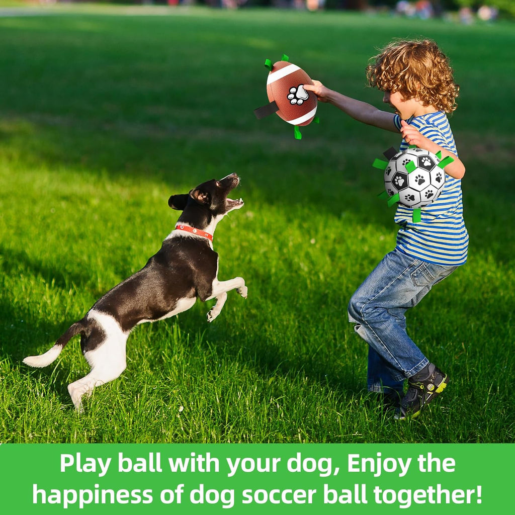 QDAN Dog Soccer Ball Football Basketball Set - 3 PCS Dog Balls with Strap for Tug of War, Soccer Ball Football Toys for Small Medium Large Dogs, Herding Ball for Dogs, Dog Birthday Toy