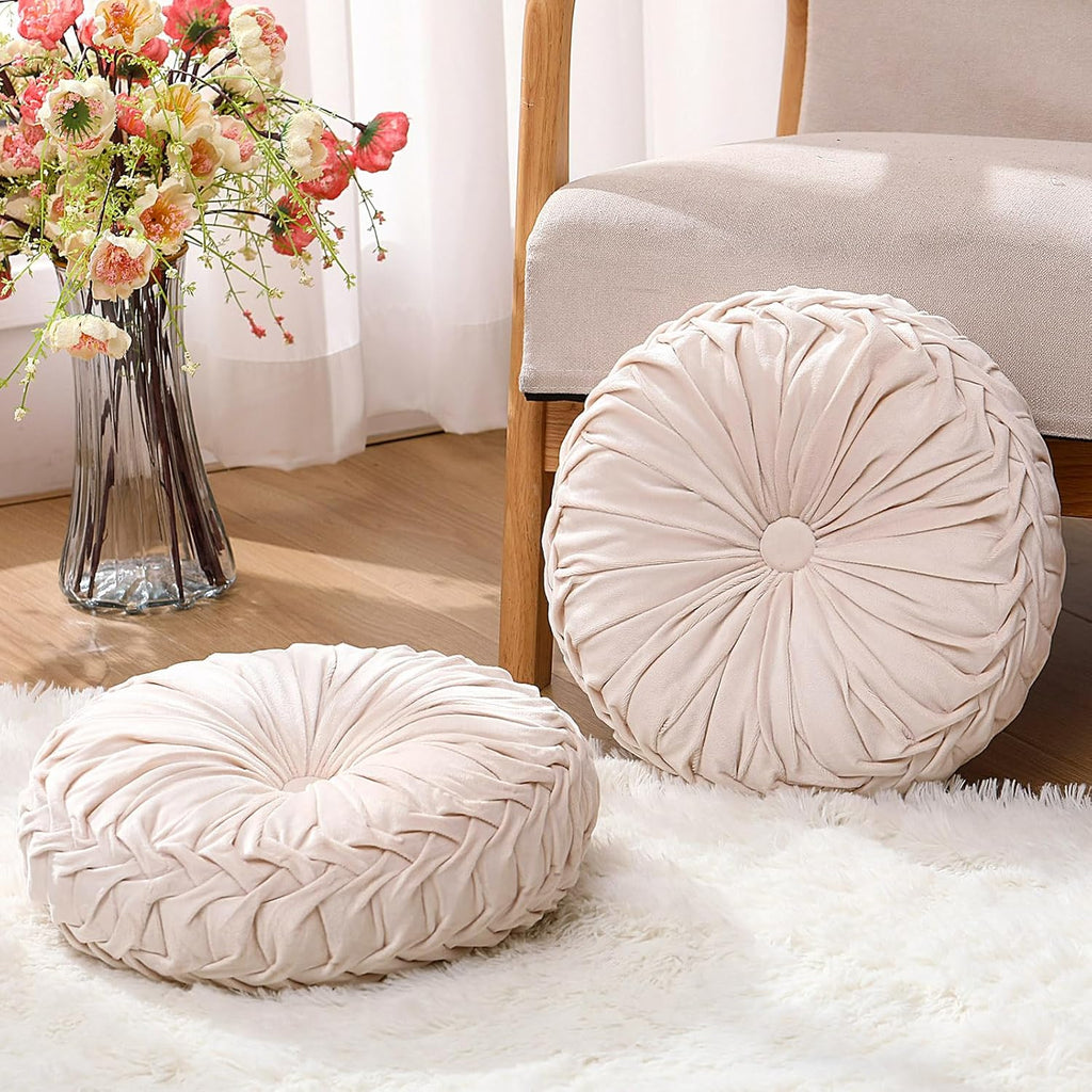 2 Pcs Round Throw Pillows 15 Inch Decorative Velvet Pleated Pumpkin Floor Boho Pillows for Living Room Couch Chair Bed Sofa (Ivory)