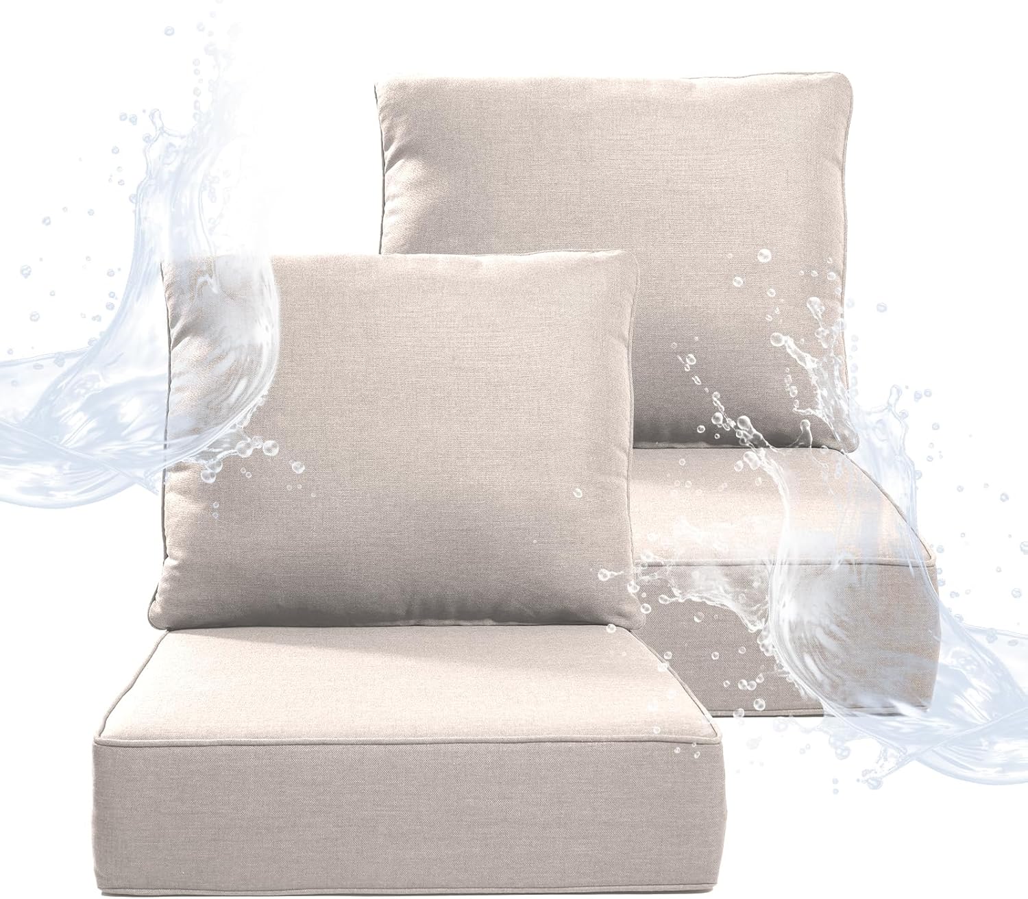 6" Thicker Outdoor Chair Cushion 2 Sets - 24" *24" *6" Waterproof Patio Furniture Cushions with Removable Cover, 28D High Density Sponge Filling Thicken Outdoor Patio Cushions - Beige