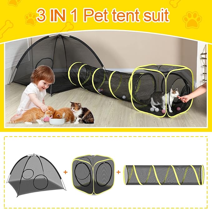 Outdoor Cat Enclosures for Indoor, Portable Mesh Tent, Outdoor pet Tunnel, Cat Playhouse with Adjustable Cat Harness and Leash for Walking, Colorful Tease Ball for Small Animals