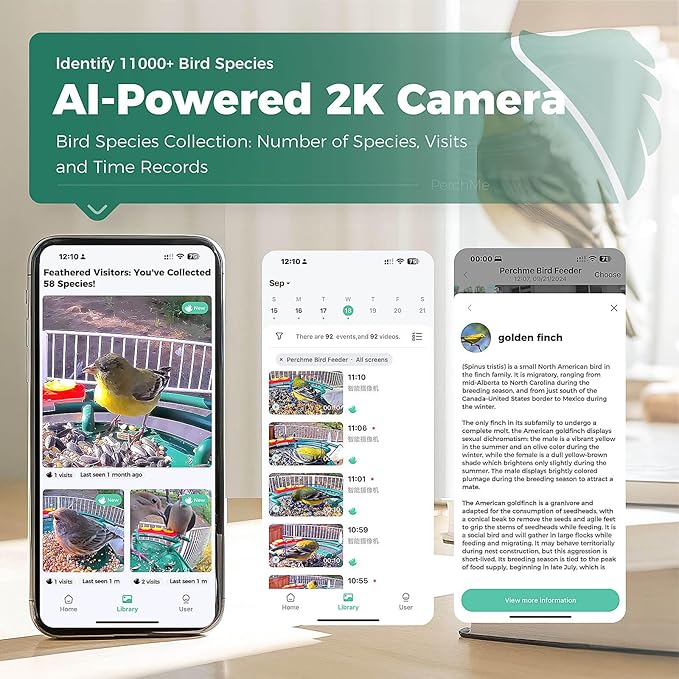 PerchMe® Bird Feeder with Camera Solar Powered,2K Smart Bird House Camera for Outdoors with AI Identify,Auto Capture,Motion Detection, A Ideal Gift(Seed Scoop Included)