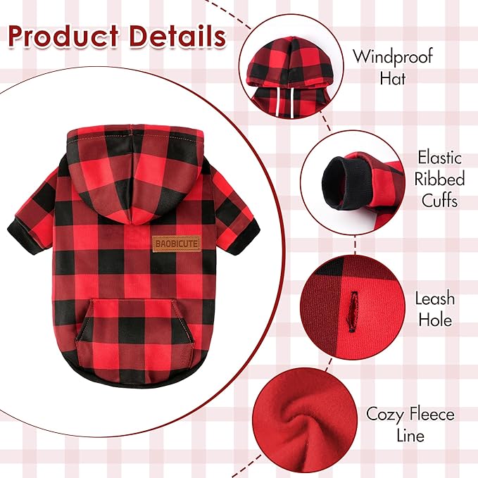 Dog Basic Hoodie Ultra-Soft Plaid Dog Clothes Cold Weather Sweaters for Medium Large Dogs Breathable Cozy Fabric Pet Coat Warm Stylish Sweatshirt with Leash Hole Pocket Dogs Jacket for Cats Boys Girls