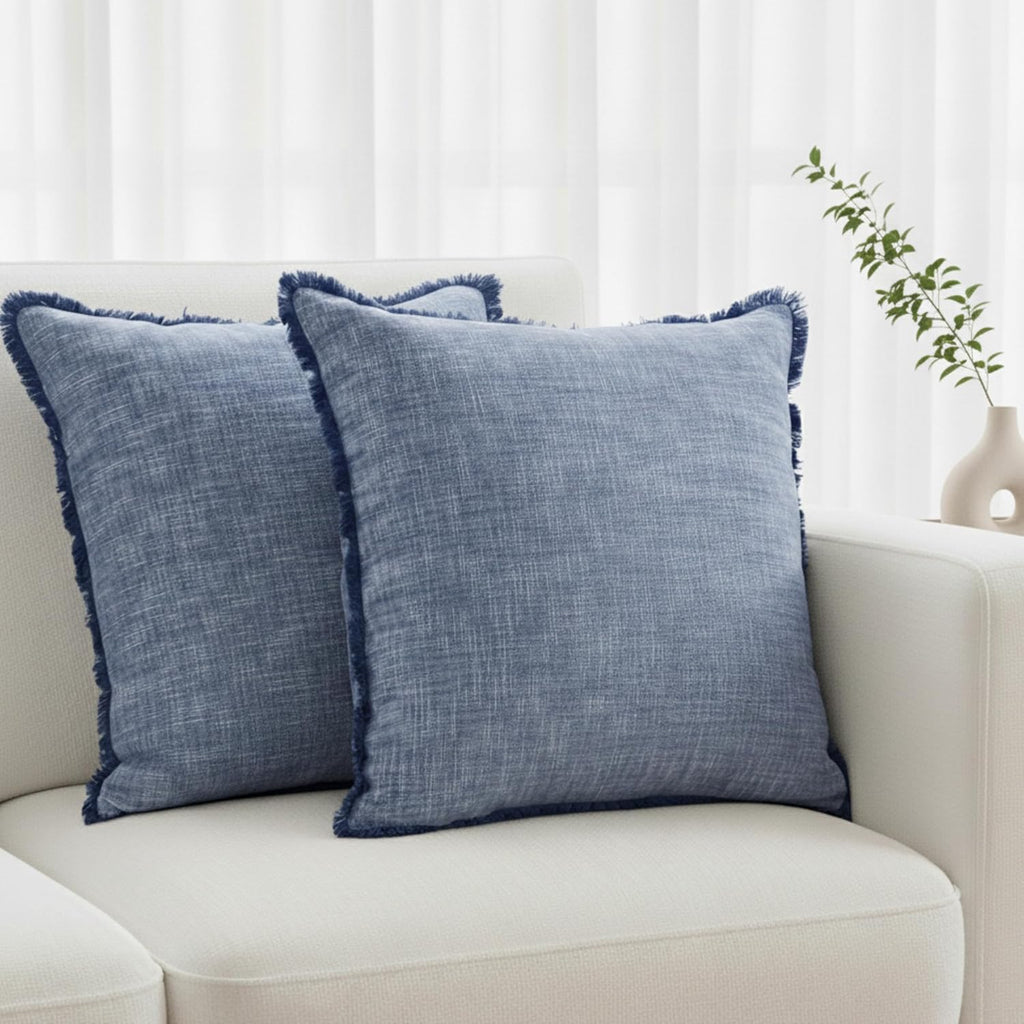 Set of 2 Textured Cotton Throw Pillow Covers with Decorative Fringe at Edges Farmhouse Cushion Cover with Tassels Linen Like Accent Pillowcases for Bed Couch Chair Sofa Living Room,16×16 Inch,Blue