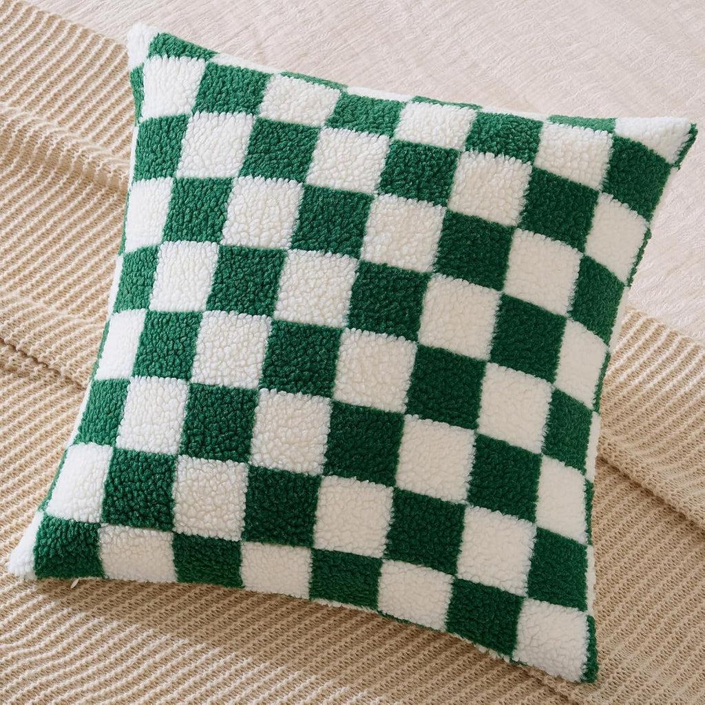 AmHoo Pack of 2 Decorative Throw Pillow Covers Checkerboard Luxury Super Soft Faux Fur Wool Set Case Cushion for Couch Sofa Bedroom 18 x 18-Inch Green