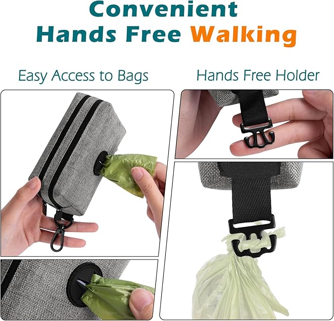PetBonus Dog Poop Bag Holder, Portable Pet Waste Bag Dispenser, 2 Pouches for Treats and Walking Accessories, Fit All Leashes, Includes 1 Roll of Dog Poop Bags (Grey)