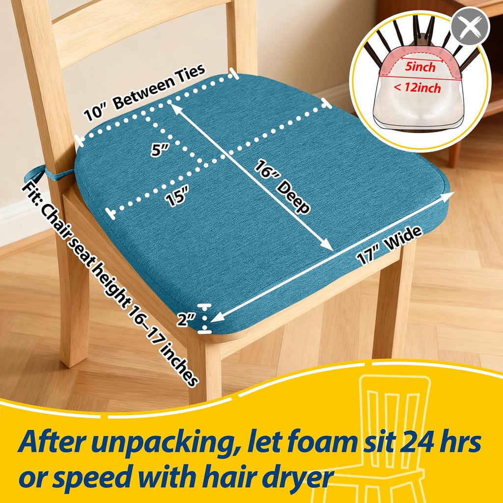 AAAAAcessories D-Shaped Chair Cushions, 2" Thick Dining Chair Pads with Ties and Removable, Machine-Washable Cover, 17" x 16", Teal