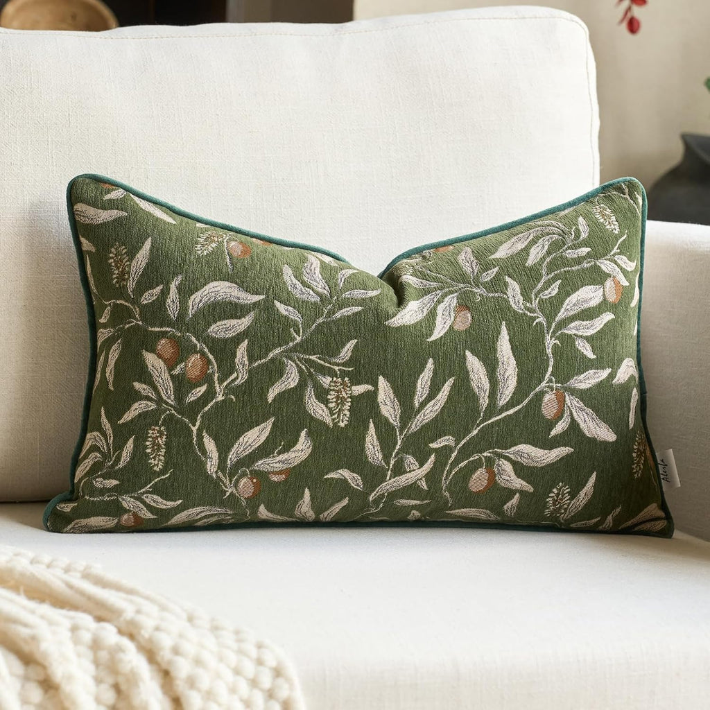 Alerfa Green Floral Throw Pillow Cover 12 x 20 Inch Rectange Luxury Decorative Lumbar Pillow Cover for Couch Living Room Bedroom