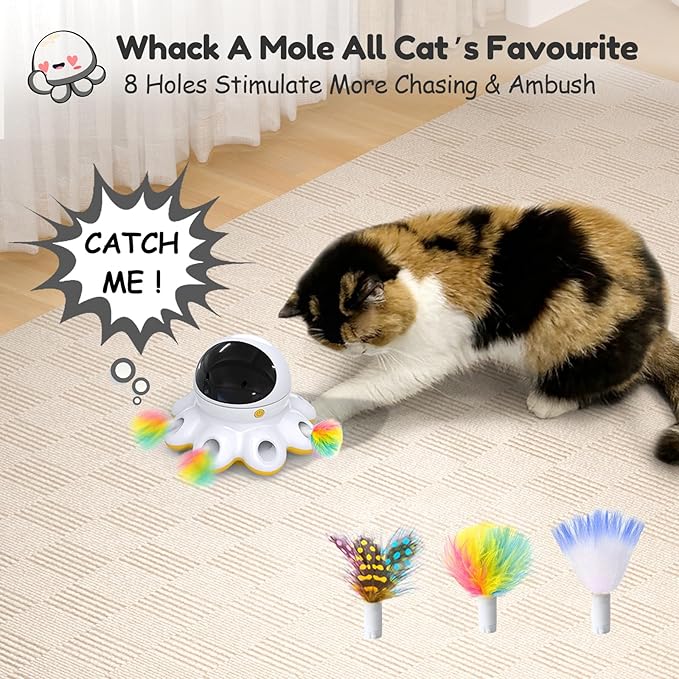 ORSDA Cat Laser Toy, 2-in-1 Interactive Automatic Motion Activated Moving 8 Holes Whack A Mole Feather, USB Rechargeable Electronic Smart Sensor Kitten Toys for Indoor Exercise