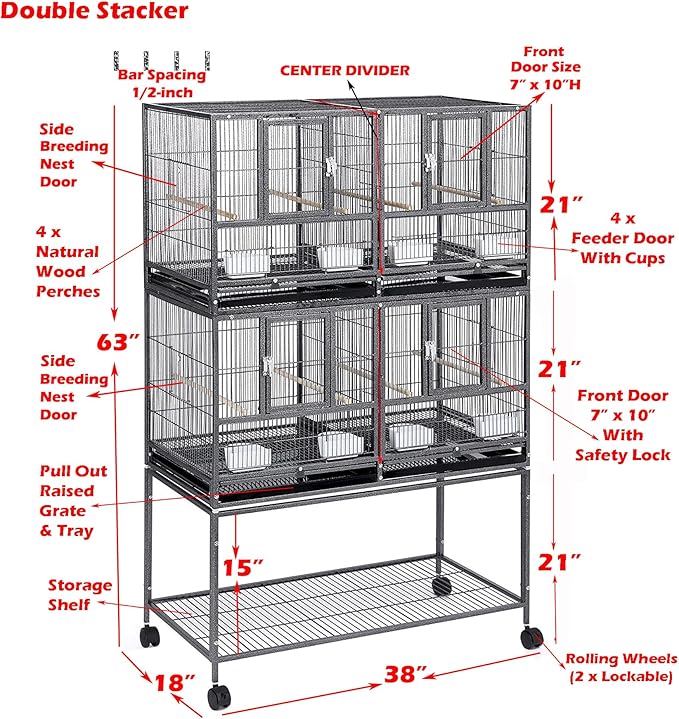 Double Stackable Center Divided Side Nesting Box Doors Breeder Breeding Bird Flight Double Rolling Cage for Aviaries Canaries Cockatiels Lovebirds Finches Budgies Small Parrots