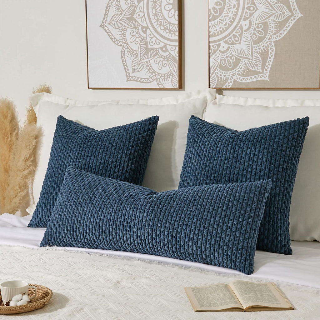 Kevin Textile 20x54 Inch Long Body Lumbar 1 Pack Boho Decorative Throw Pillow Cover Soft Striped Corduroy Rectangle Cushion Case Farmhouse Accent for Living Room Couch Sofa Bed, Blue
