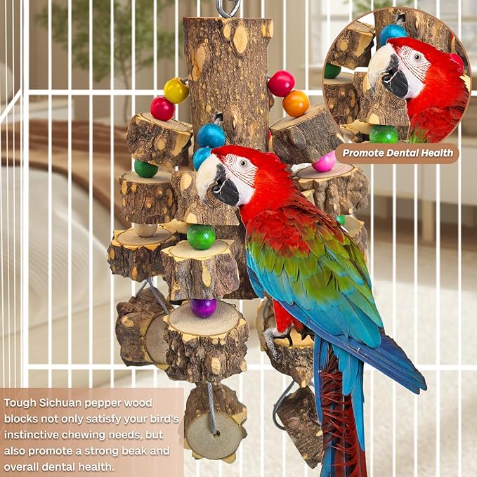 PINVNBY Large Bird Parrot Toys, Natural Wooden Blocks Chew Toy, Durable Cage Bite for African Grey Cockatoo Macaws Cockatiels Eclectus Large Medium Parrots (Small Size, Wire Link)
