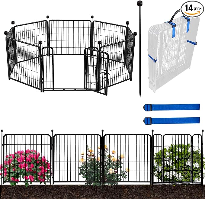 ADAVIN 32 in(H) Garden Fence with Low Threshold Door,14 Panels Total 31Ft(L) Dog Fences for The Yard, Outdoor or Indoor Dog Playpen, Black Metal Garden Fencing Animal Barrier