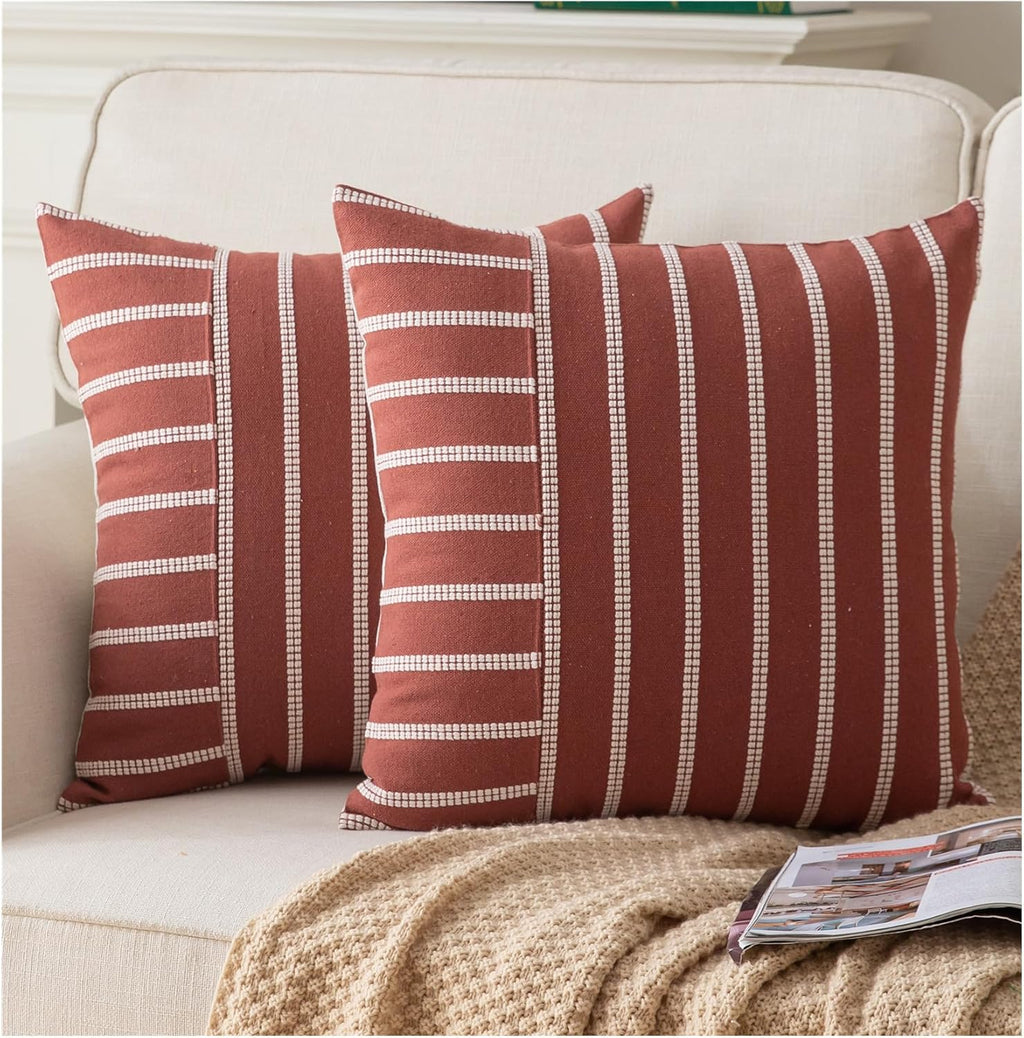 Caflife Boho Throw Pillow Covers 20x20 Set of 2 Soft Farmhouse Decorative Couch Pillow Cases Rust Striped Pillow Covers Neutral Cushion Covers for Sofa Bed Living Room Home Decor