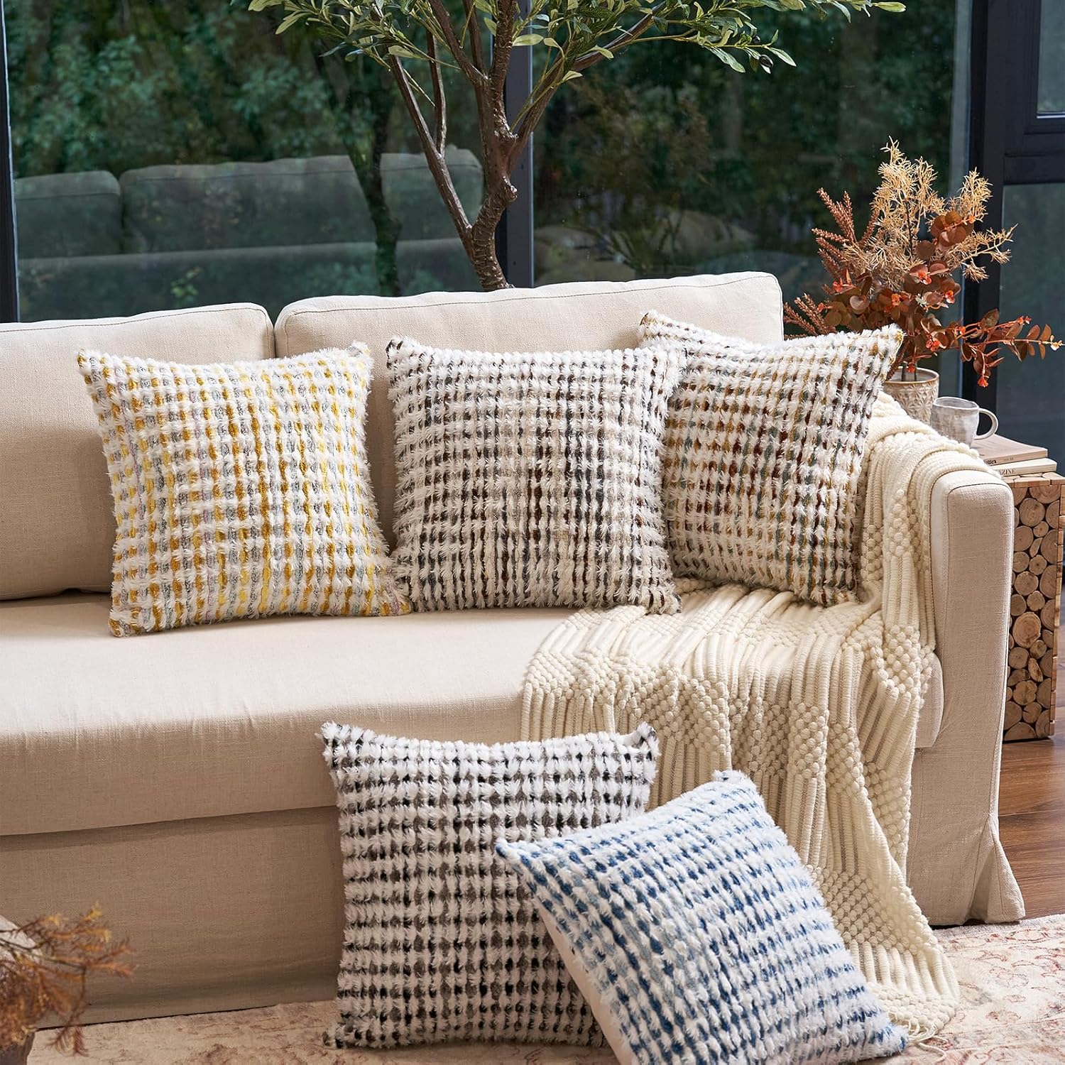 Aeckself Boho Chenille Tufted Pillow Cover 18x18 Inch, Decorative Square Throw Pillow Cover Neutral Pillowcase for Couch Bedroom Living Room, Black Gray