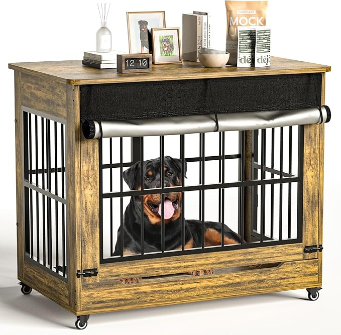 46" Large Dog Crate Furniture, Double Door Wooden Indoor Dog Kennel Furniture, Decorative Pet Cage End Table with Wheels for Extra Large Breed Dogs, Size 2XL, Rustic Brown