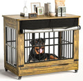 46" Large Dog Crate Furniture, Double Door Wooden Indoor Dog Kennel Furniture, Decorative Pet Cage End Table with Wheels for Extra Large Breed Dogs, Size 2XL, Rustic Brown